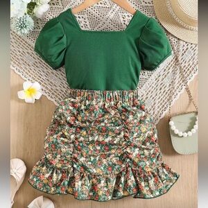 SHEIN Green Floral Kids Skirt Set